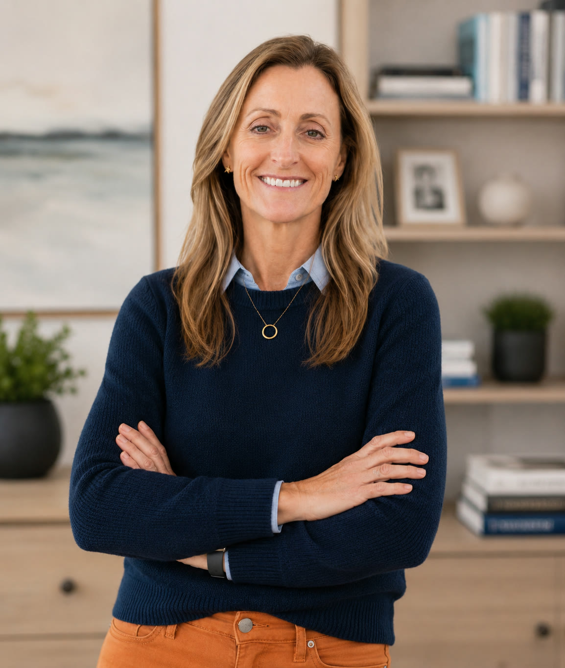 Polly Mertens in a blue jacket looking toward the camera